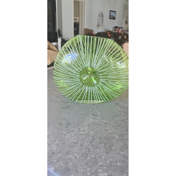 Vintage 1970's Oblong Green Glass  Vase Etched Design - Picture 1 of 16
